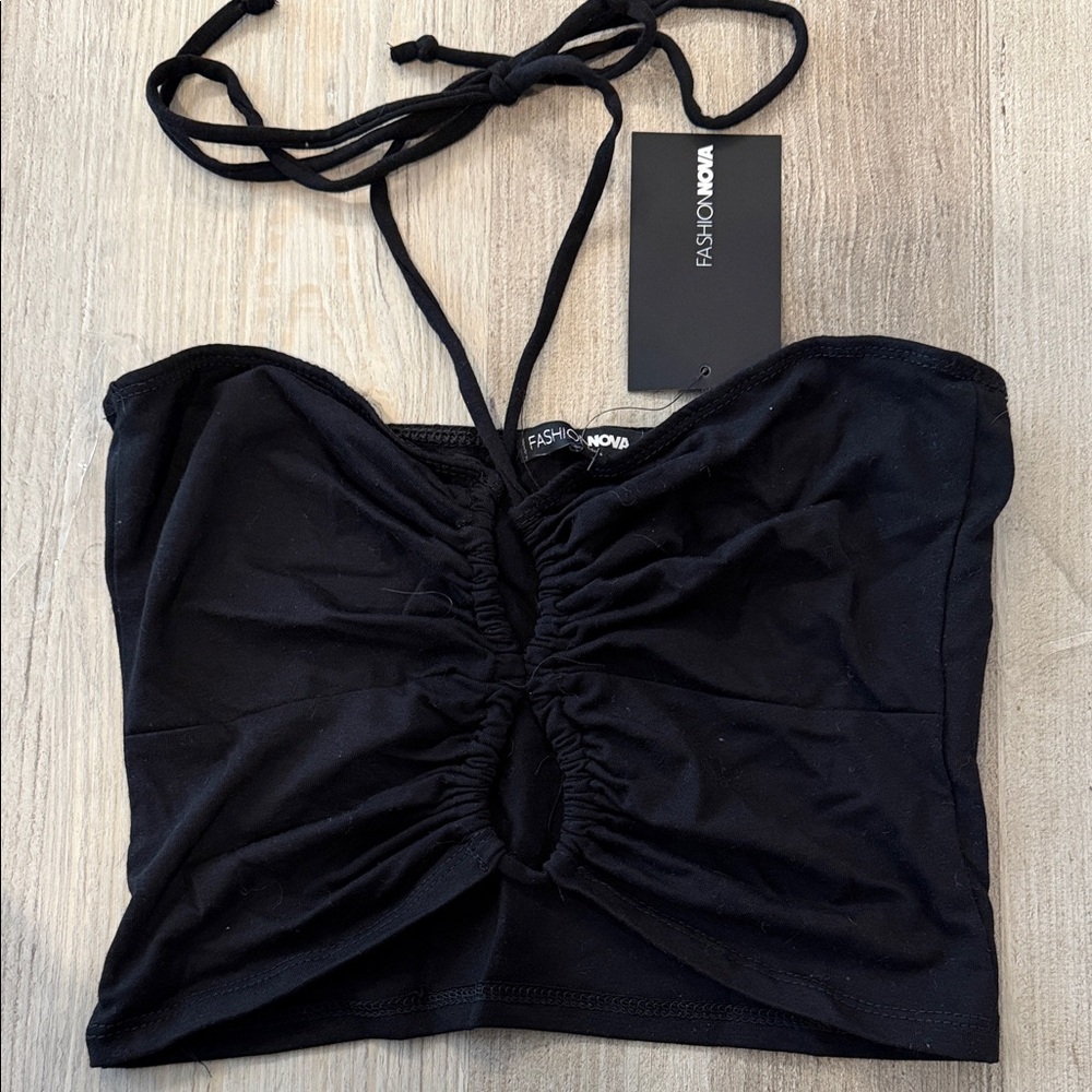 Fashion Nova Black Ruched Halter Crop Top with Keyhole